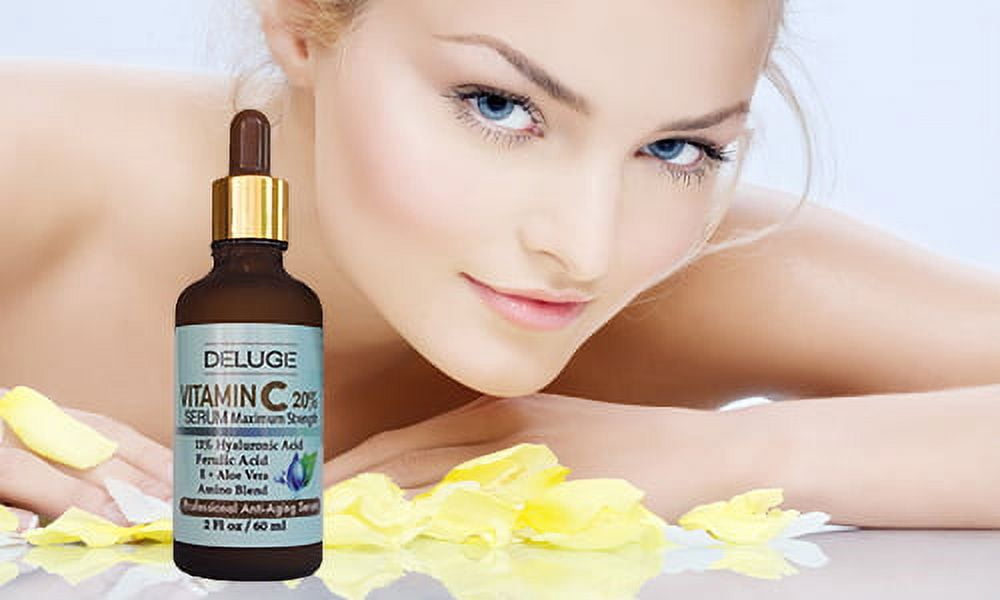 Deluge Vitamin C Face Serum with Aloe, Hyaluronic Acid, Vitamin E, & Ferulic Acid – Brightening & Collagen Boosting Formula (2 FL oz)