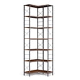 thumbnail image 1 of 7 Tier Corner Bookshelf with Metal Guardrails, 78 Inch Tall Hexagonal Bookcase with Anti Tip Kit, Industrial Standing Storage Rack for Living Room Home Office Kitchen, Black Brown, 1 of 8