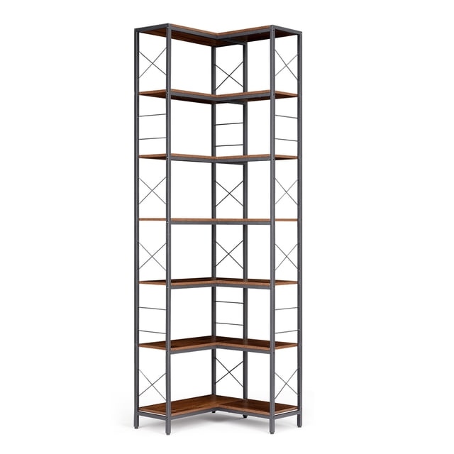 7 Tier Corner Bookshelf with Metal Guardrails, 78 Inch Tall Hexagonal Bookcase with Anti Tip Kit, Industrial Standing Storage Rack for Living Room Home Office Kitchen, Black Brown