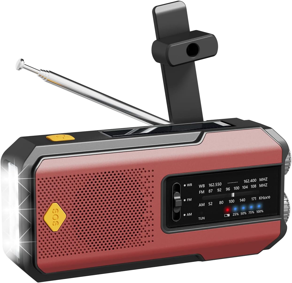 Newest Prociv Solar Emergency Wind Up Radio, Portable Hand Crank AM/FM Radio with SOS Alarm LED Torch, 2000mAh Rechargeable Power Bank USB Phone Charger Flashlight for Camping (Red)