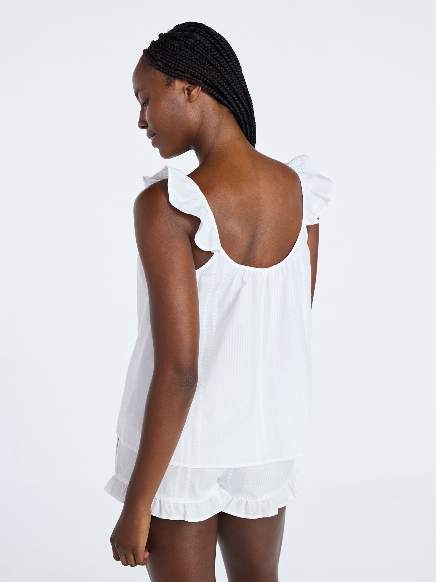 Joyspun Women's Seersucker Sleep Cami and Shorts Set with Ruffle, 2-Piece, Sizes XS-3X