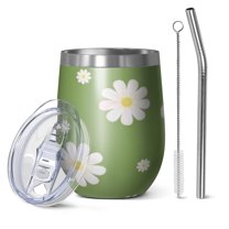12oz Stemless Wine Tumblers Green Daisy Flower Yellow Centers Pattern Vacuum Insulated Stainless Steel Travel Tumbler Cups Mug with Lid and Straw for Champaign,Cocktail,Beer with Cleaning Brush