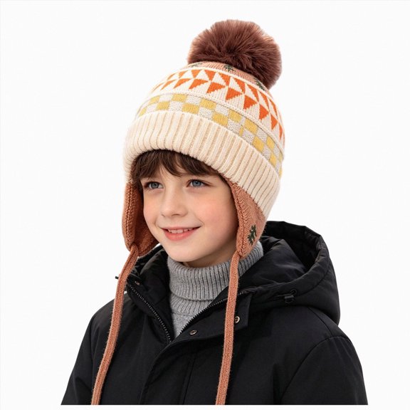 Hessimy Kids Geometric Pattern Knit Pom Beanie with Earflaps,Warm Winter Cuffed Ski Hat