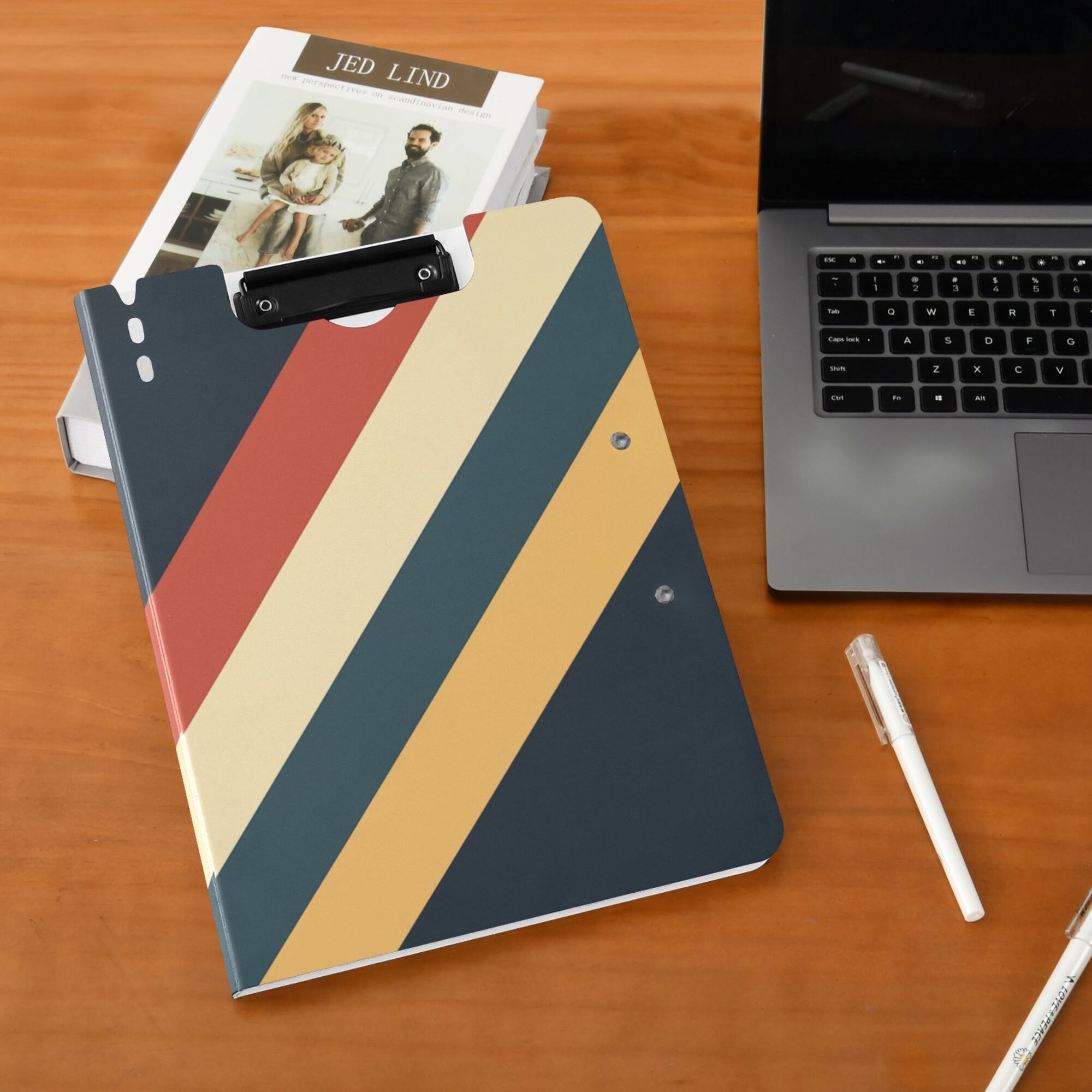 FORMRS A4 Clipboard Folder with Pen Holder Horizontal Foldable School Office Binder, Beige Stripes