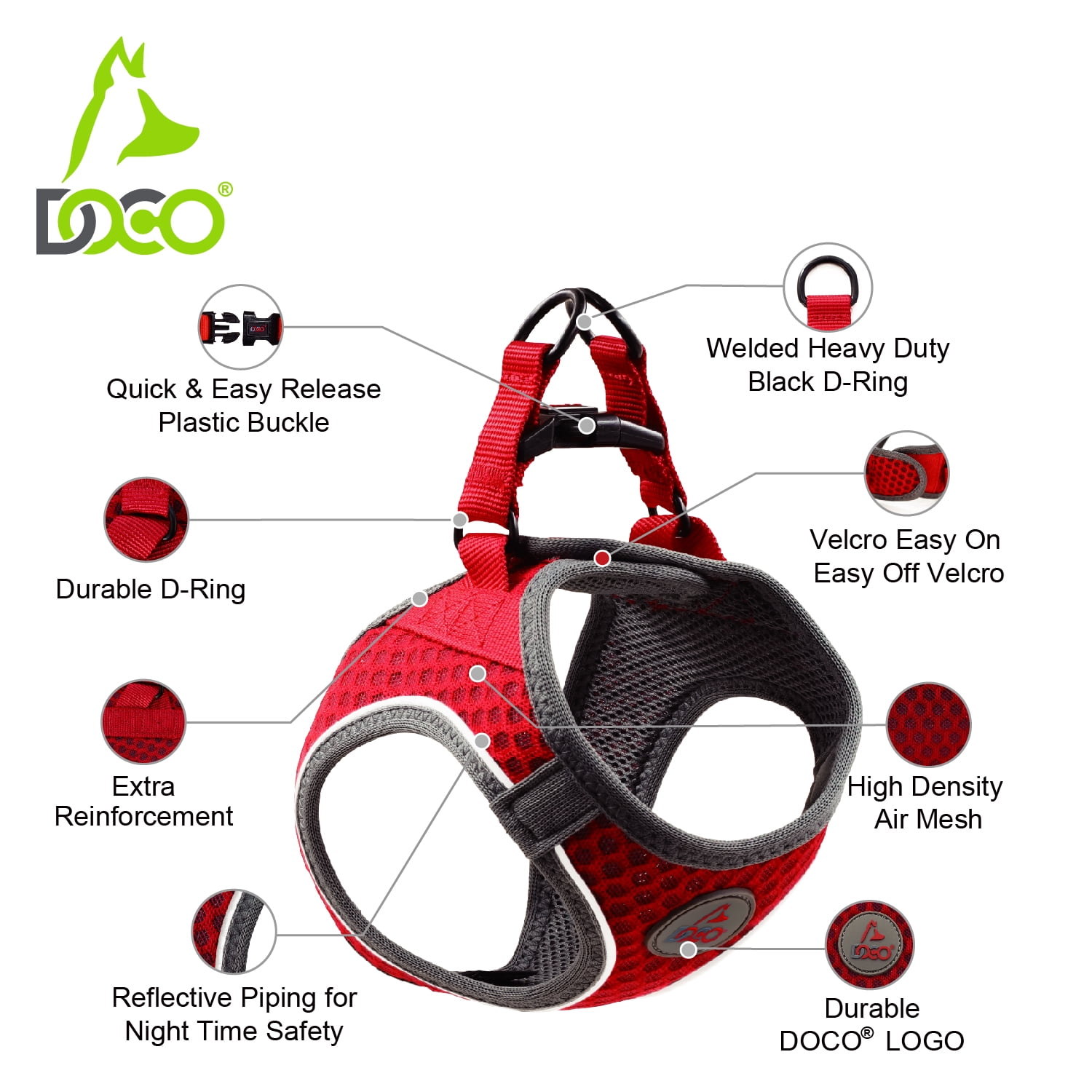 Doco DCA308-05L Athletica Quick Fit V-Neck Mesh Harness Leash, Gray - Large