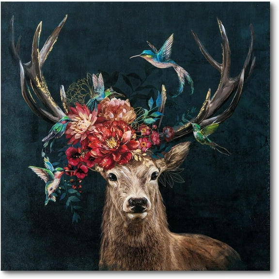 Aaheei Deer Canvas Wall Art With Flowers, Animal Prints for Living Room Bedroom Office, Wildlife Hunting Artwork Decorations, Ready to Hang