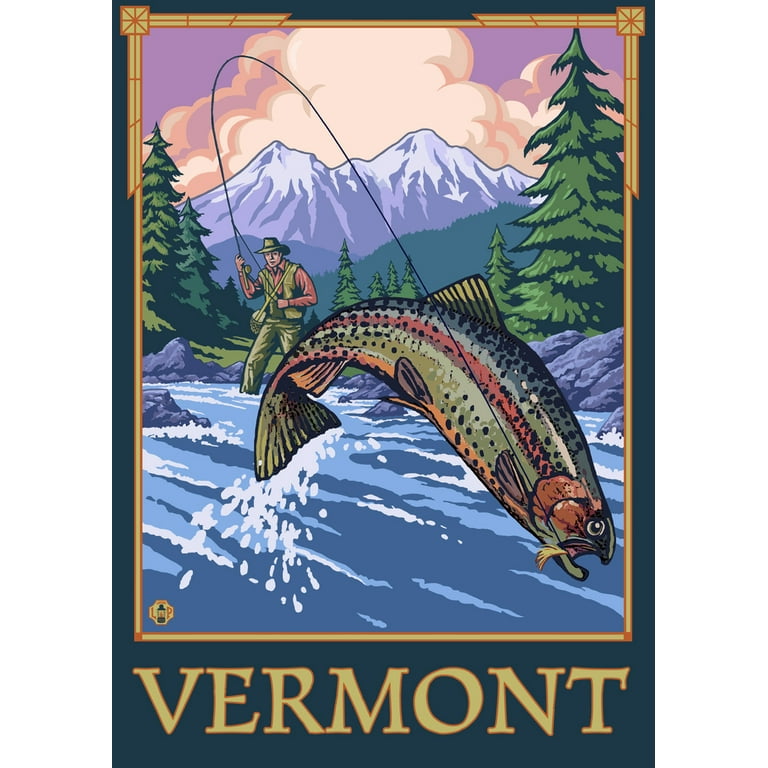 Vermont, Angler Fly Fishing Scene (Leaping Trout) (12x18 Wall Art Poster,  Room Decor) 