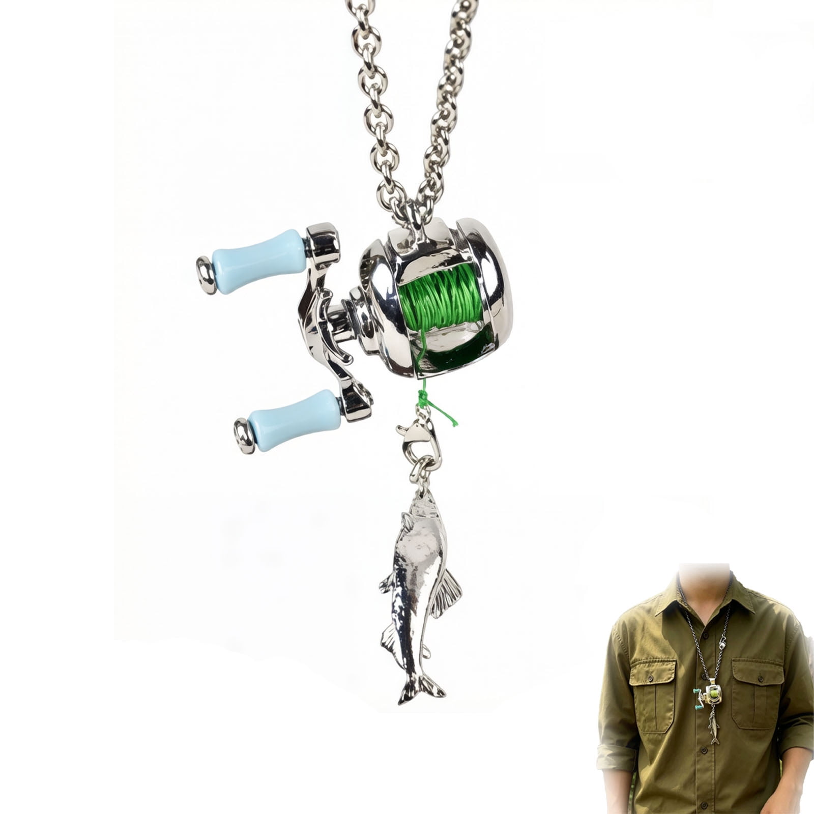 Mini Fishing Reel Necklace for Men, Functional Baitcaster Pendant with Rotating Handle & Moving Line Guide, Metal Alloy Angler Jewelry Gift for Dad, Husband, Boyfriend, Fisherman