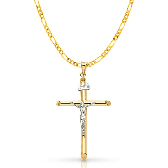 14K Two Tone Gold Crucifix Cross Pendant with 1.9mm Figaro 3 1 Chain Chain Necklace