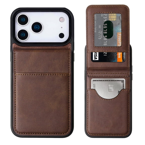 Card Holder Leather Case with Foldable Stand for iPhone 17 Pro Max - Brown