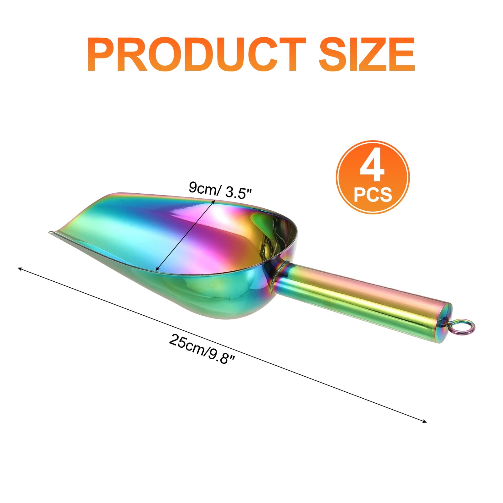 4pcs Metal Ice Scoop, 9.8 inch Stainless Steel Ice Scooper for Bar Use, Rainbow