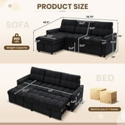 Muumblus Convertible Sofa Bed, Sectional Sleeper Sofa with Storage Chaise, L-Shaped Couch for Living Room, Black Chenille