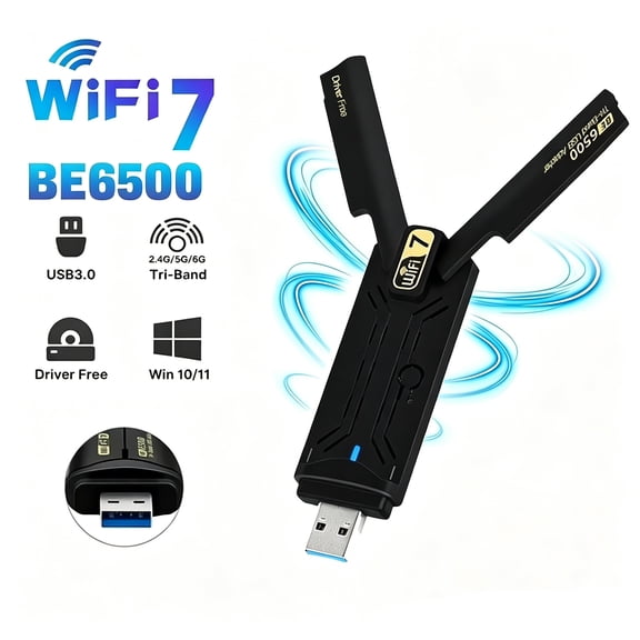 LC-dolida USB 3.0 WiFi 7 Adapter, 6500Mbps Tri-band 6G/5G/2.4G Wireless Network Adapter with Drive-Free Plug & Play Ultra-Low Latency for Windows 10/11 Desktop Laptop,Black