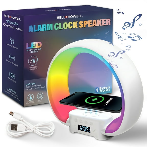 Bell Howell Digital Alarm Clock for Heavy Sleepers, Bluetooth Speaker with Built in Wireless Charger, Color Changing Night Light Desk Lamp, 4 in 1 Device, Home Decor for Bedroom, Kitchen, Nightstand