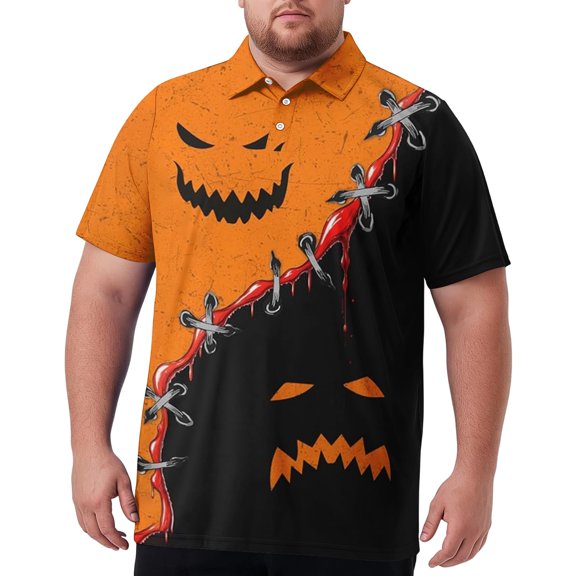 IYYVV Funny Halloween Polo Shirts for Men Casual Jack-O-Lantern Print Top Big and Tall Short Sleeve Shirts Orange 5XL