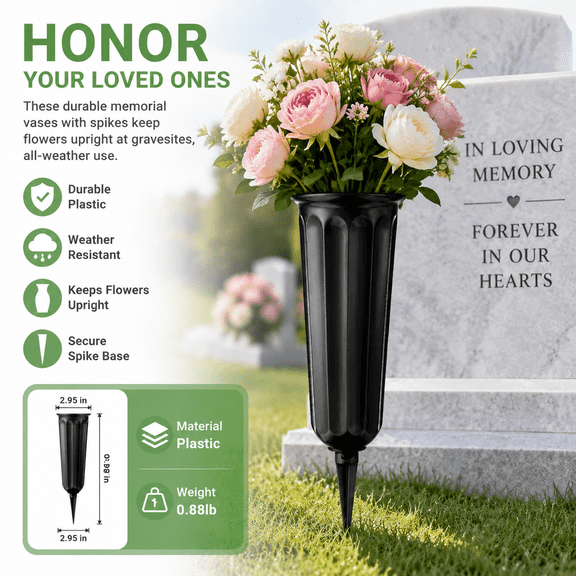 Cemetery Vases with Spikes, Weatherproof Plastic Grave Flower Holder, Memorial Floral Vases for Headstone, Outdoor Grave Decorations for Cemetery
