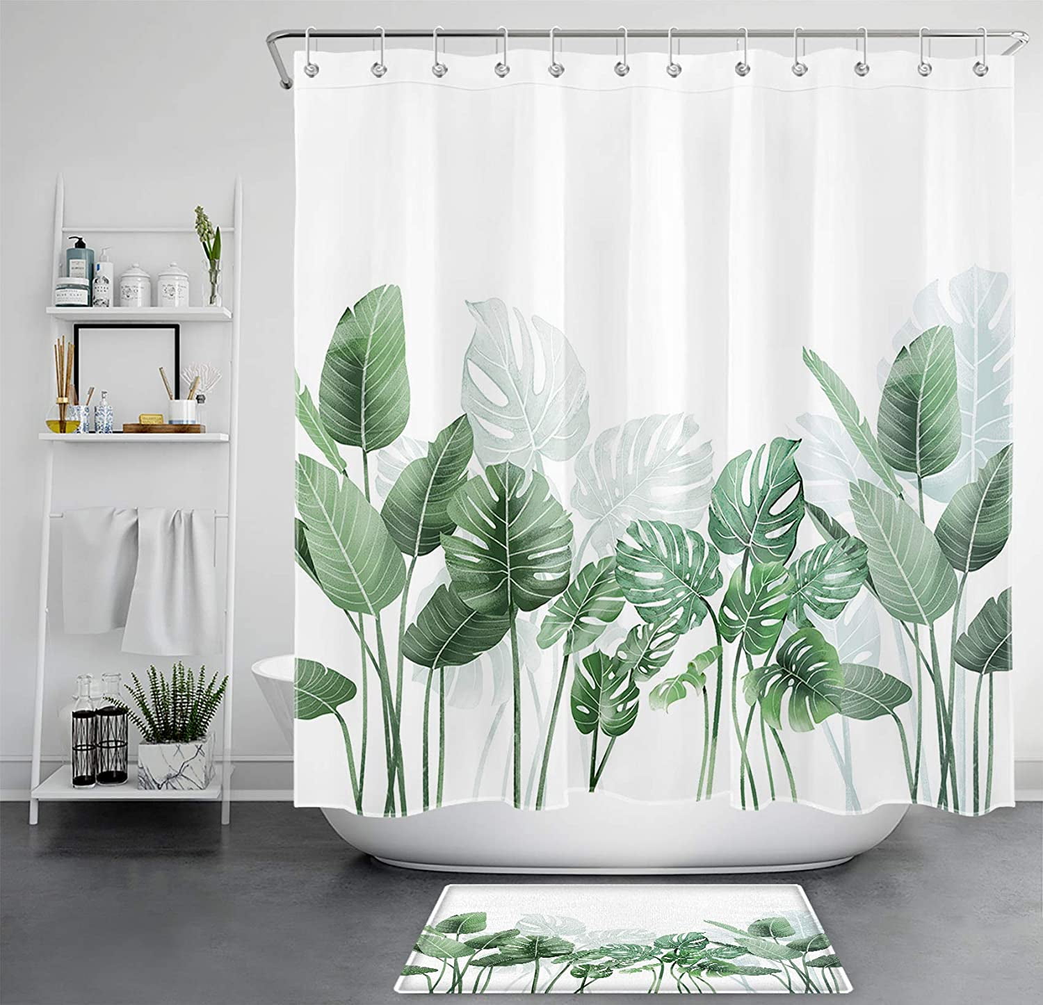 Watercolor Tropical Palm Leaves Green White Waterproof Fabric Shower Curtain Set 