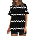 thumbnail image 1 of Mikilon Ensemble Élégant pour Femmes 2 Pcs Mode Décontractée Rayé Imprimé Col Rond Épaule Tombante Short Ensemble Deux Pièces Noir-B S, 1 of 4