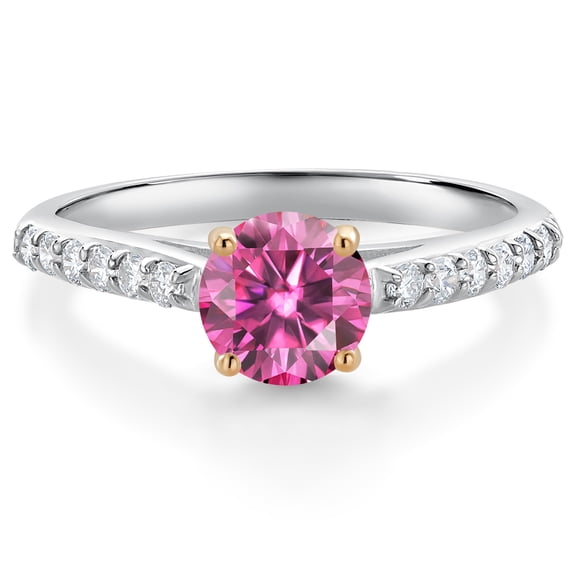 Gem Stone King 10K White Gold Pink Moissanite and White Lab Grown Diamond Engagement Ring for Women (0.98 Cttw, Round 6MM, Gemstone, Size 7)