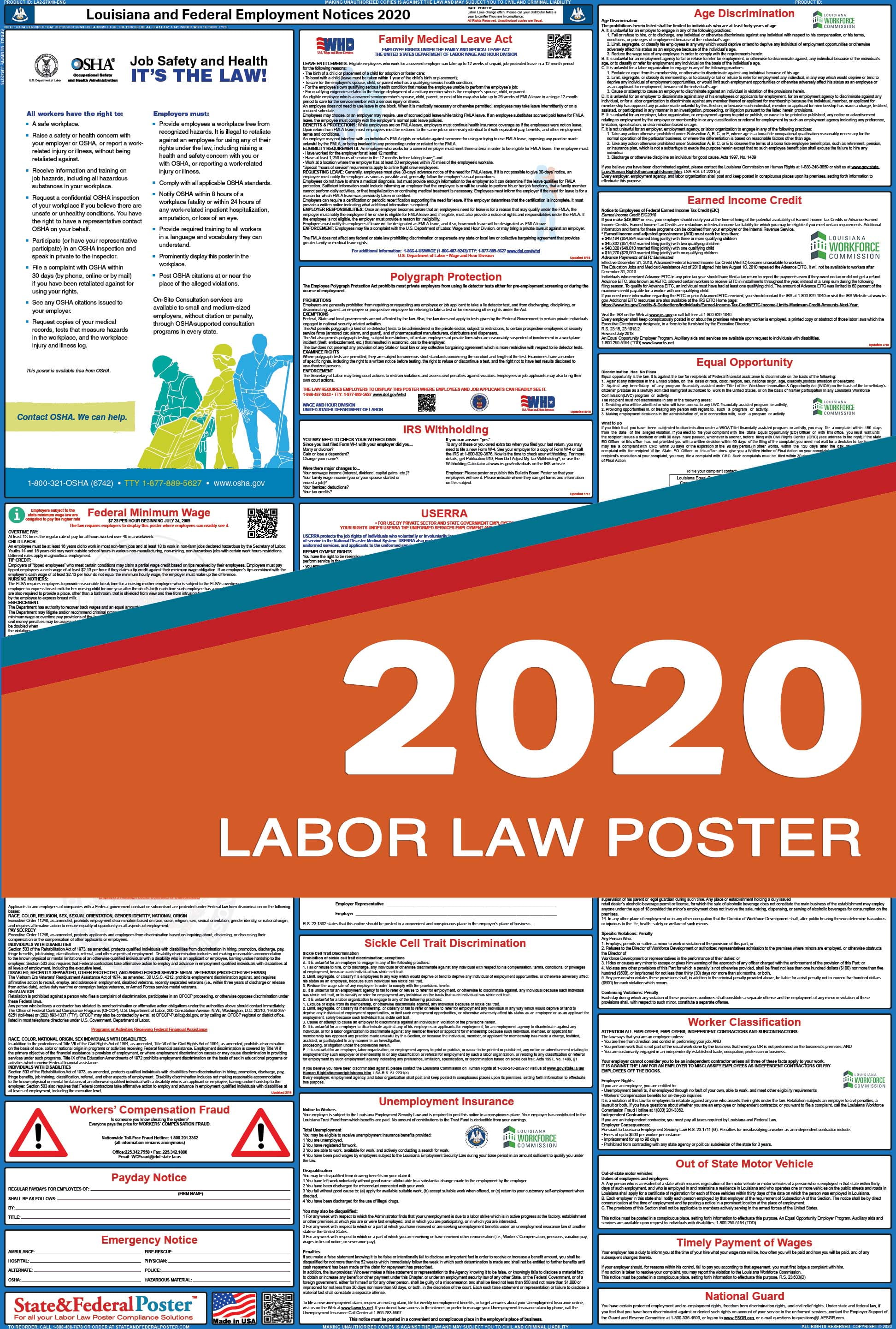 2020 Louisiana State and Federal Labor Law Poster (Laminated) Walmart