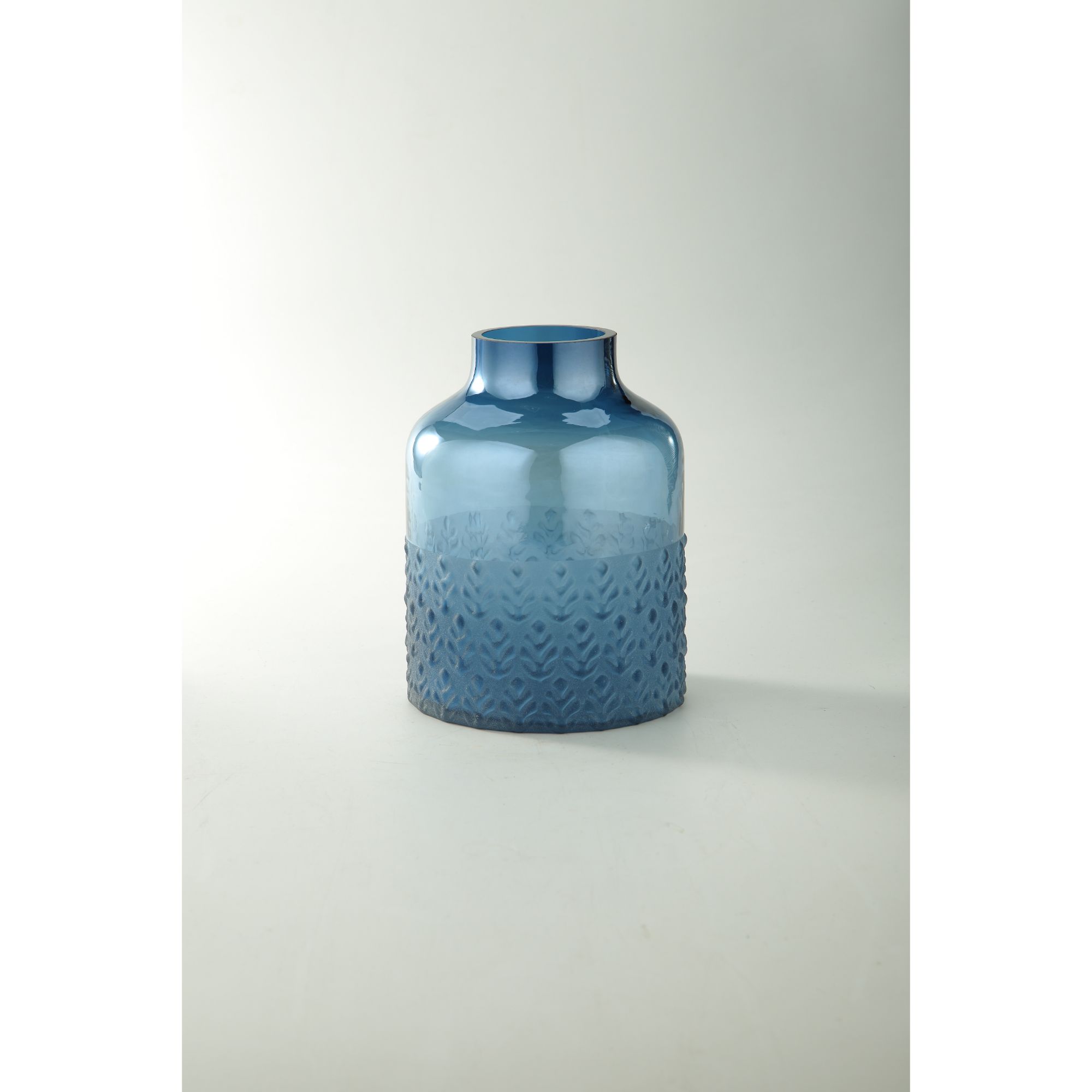 8" Blue Leaf Pattern Embossed Glass Vase