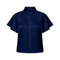thumbnail image 4 of Uootdi Work Tops for Women Stand Collar Flutter Short Sleeve Button Front Plain Satin Womens Shirts Straight Fit Business Casual Silky Summer Blouses for Women, 4 of 5