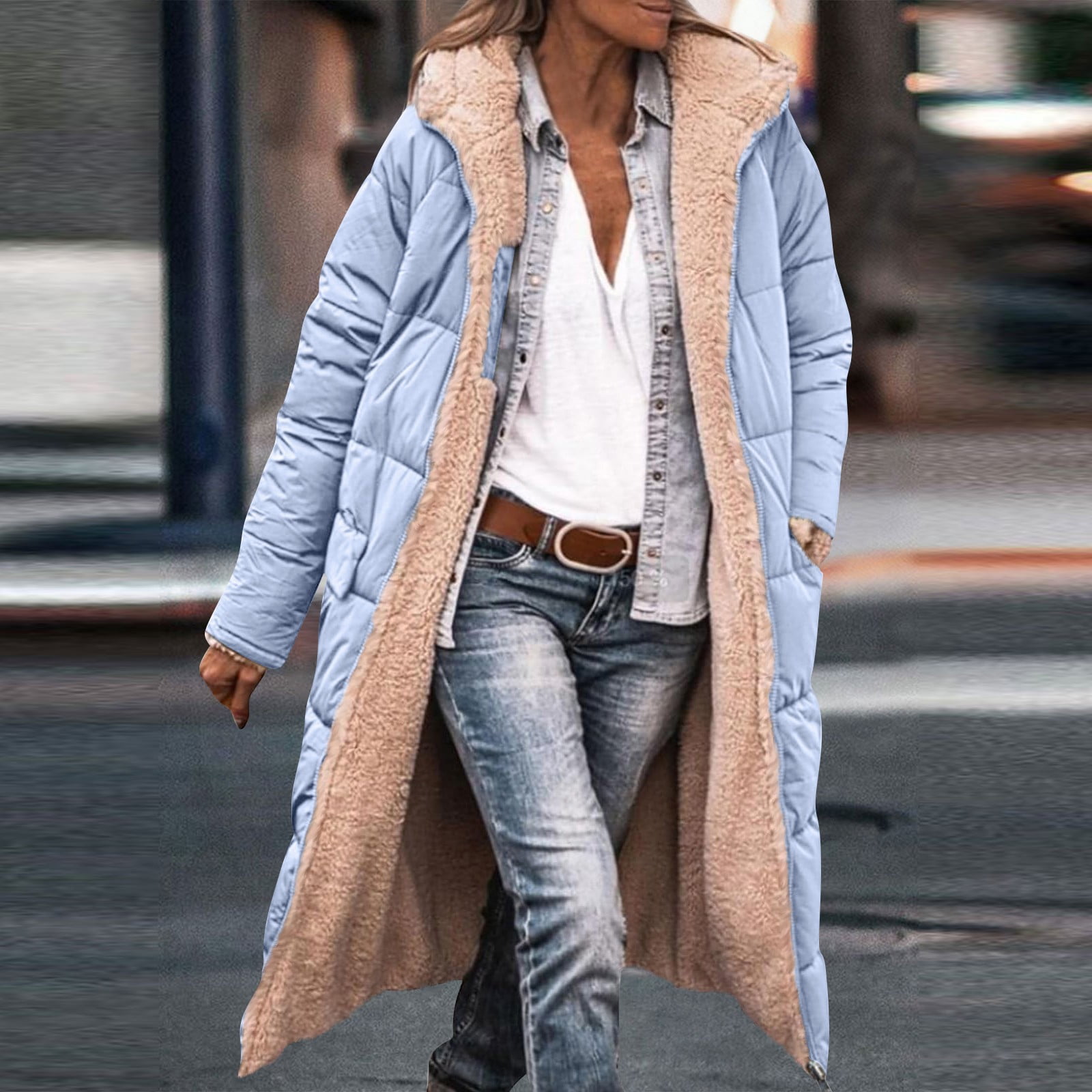 Fleece Jacket Women Long Puffer Coat Women Oversized Reversible Jackets Shearling Hooded Winter Fashion Coat Clothes Light Blue M