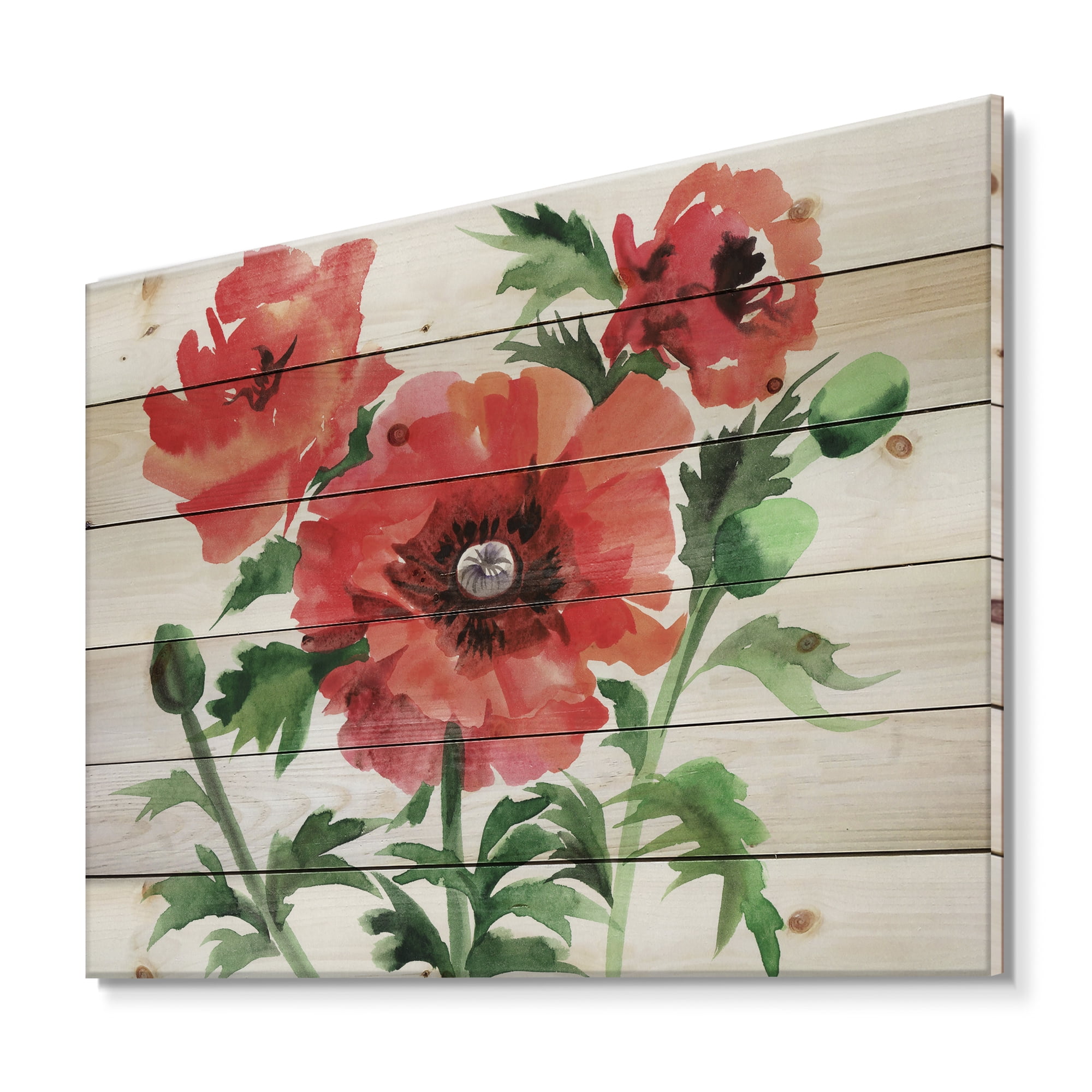 Designart 'Ancient Red Poppies II' Traditional Print on Natural Pine Wood