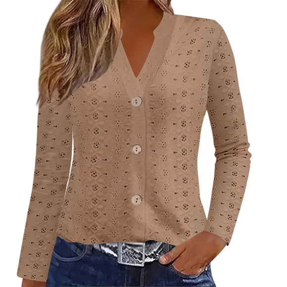 Lenpel Women's Button down Shirts Trendy V Neck Long Sleeve Eyelet Embroidered Tunic Tops Business Casual Blouses(Khaki,Medium)