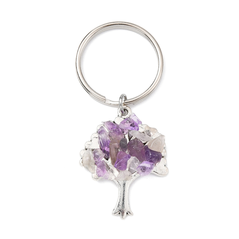 5sets Amethyst Chip & Alloy Tree of Life Keychain with Iron Split Key Rings 5.9~6.8cm