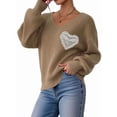 thumbnail image 2 of Sweaters for Female Lantern Sleeve Heart Print Pullover Embroidered Lace Patchwork Knit Pullover Camel S, 2 of 8