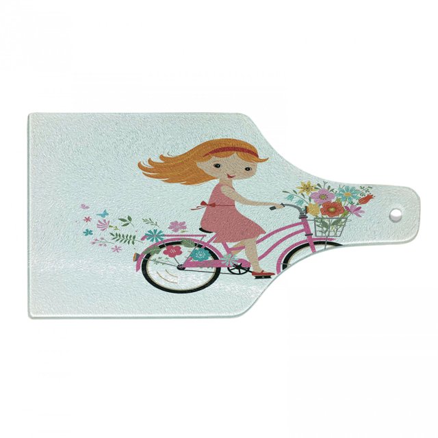 Flower Cutting Board, Happy Little Girl with Bunch of Flowers Riding a Bike Cheerful Activity, Decorative Tempered Glass Cutting and Serving Board, Wine Bottle Shape, Multicolor, by Ambesonne