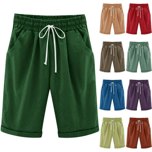 Summer Knee Length Shorts for Women 2026 Cotton Linen Bermuda Shorts Elastic Waist Workout Shorts Casual Loose Beach Shorts Mint Green 4XL
