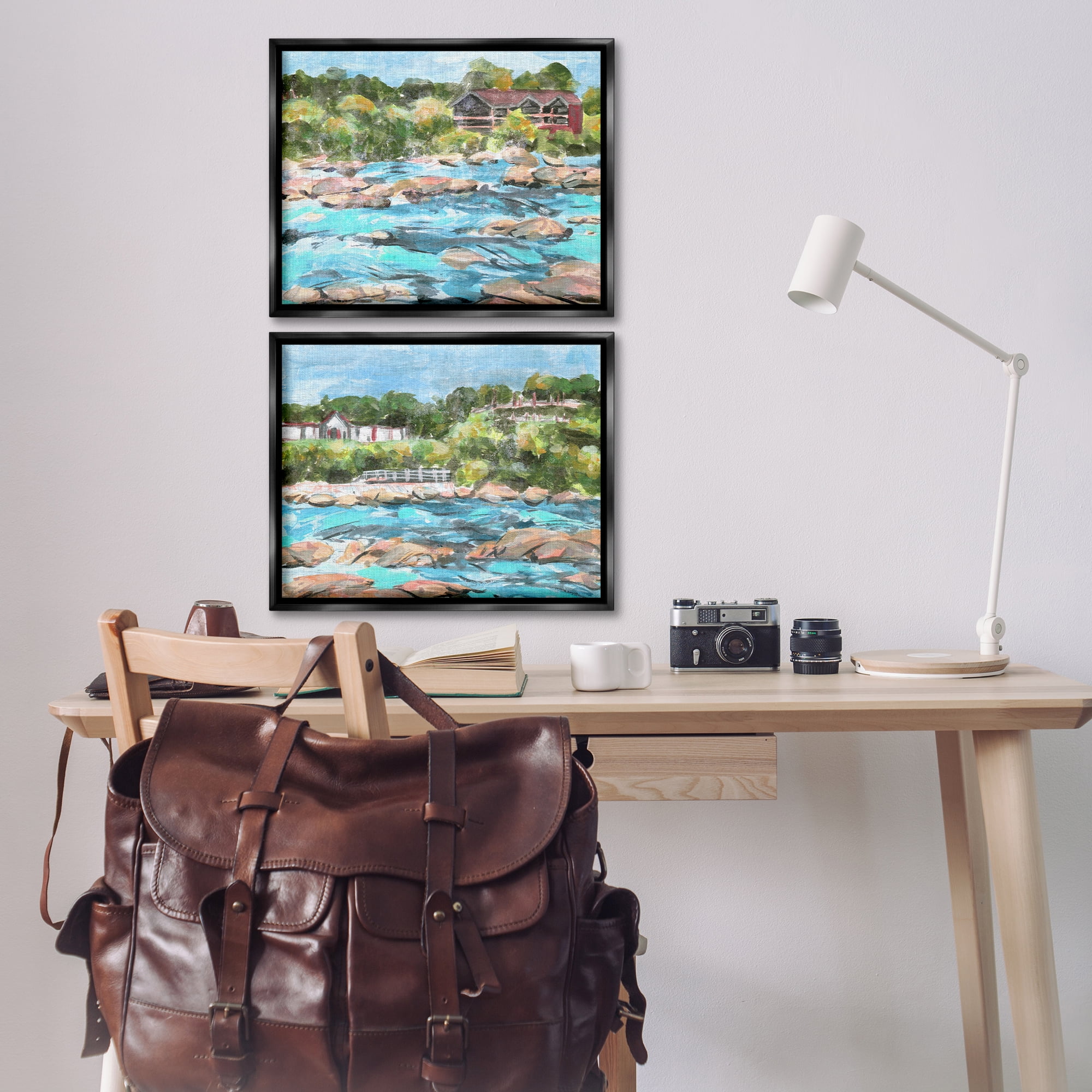 Stupell Industries Flowing River Rocks Nautical & Beach Painting Black Floater Framed Canvas Art Print Wall Art, 21 x 17, Set of 2