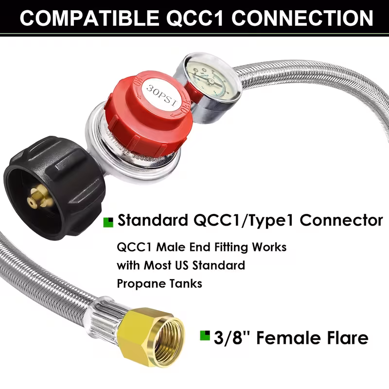 thumbnail image 2 of 5FT Propane Tank Extension Hose With Gauge, QCC1/Type 1 Tank Extension Hose, QCC1 To Male QCC/POL Fitting, Leak Detector Replacement For Propane Tank Appliances, Gas Grill, 2 of 4
