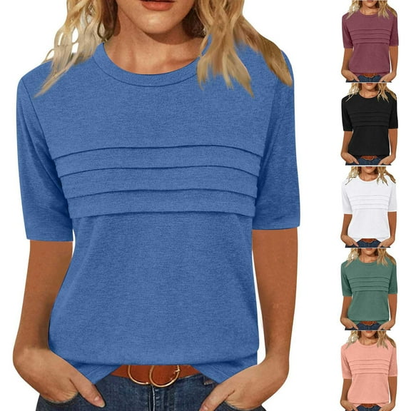 Olyvenn Womens Short Sleeve T Shirt Crewneck Pleated Shirts Dressy Casual Loose Fit Tee Trendy Spring Summer Tops 2025 Black XXL
