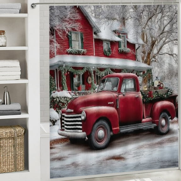 RKSupls Christmas Shower Curtain, Winter Snow Xmas Truck Shower Curtain with Hooks for Christmas Home Bathroom Decor Washable Curtains, 72x72 in