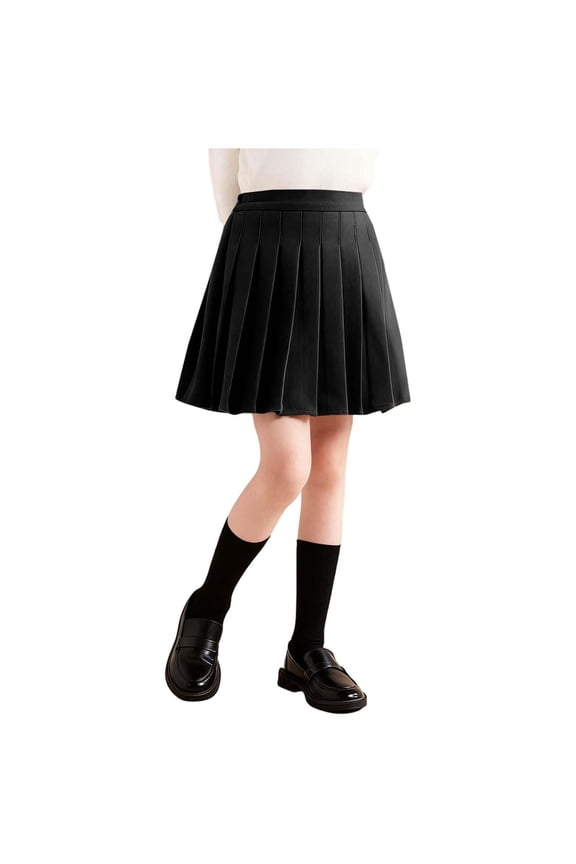 Girls Pleated Skirt Stretch High Elastic Waisted Wool A-Line Short Mini Basic Skirt School Uniform Cheerleader Skirts Skater Skirt Black 7-8 Years