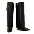 thumbnail image 3 of Women's Shark Boots – Fold-Over Knee-High Faux Leather Boots with Side Zipper, Lock Buckle and Wedge Heel Winter Style, 3 of 7