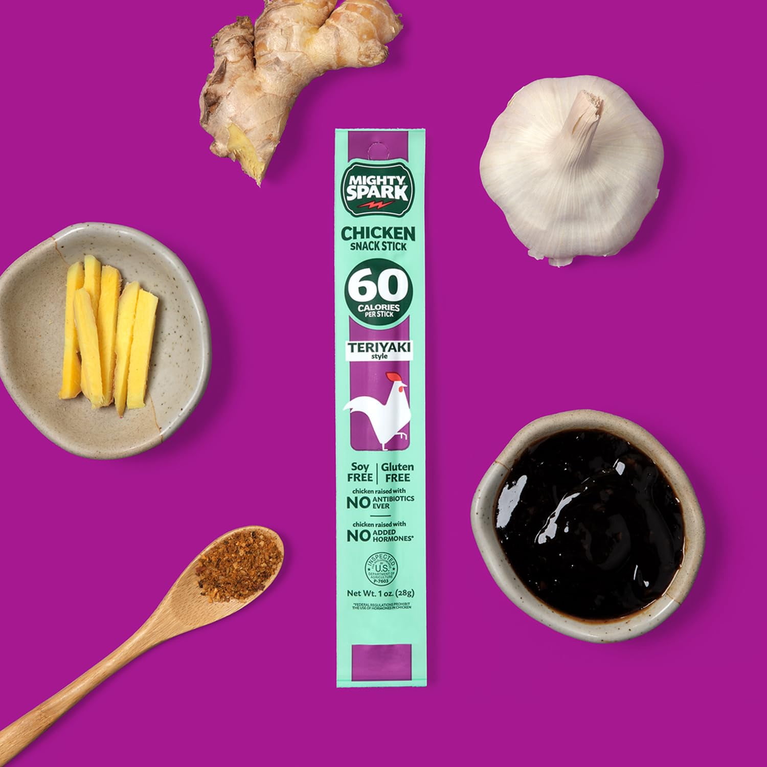 Mighty Spark Chicken Sticks Savory Teriyaki - Healthy Snacks for Kids & Adults, Gluten Free, Soy Free, Keto-Friendly, 12 count - Weight Watchers Approved