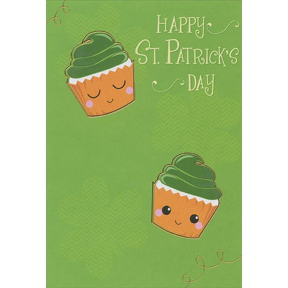 Designer Greetings Two Smiley Faced Cupcakes with Green Frosting and Gold Foil Trim Package of 8 Juvenile St. Patrick's Day Cards for Kids