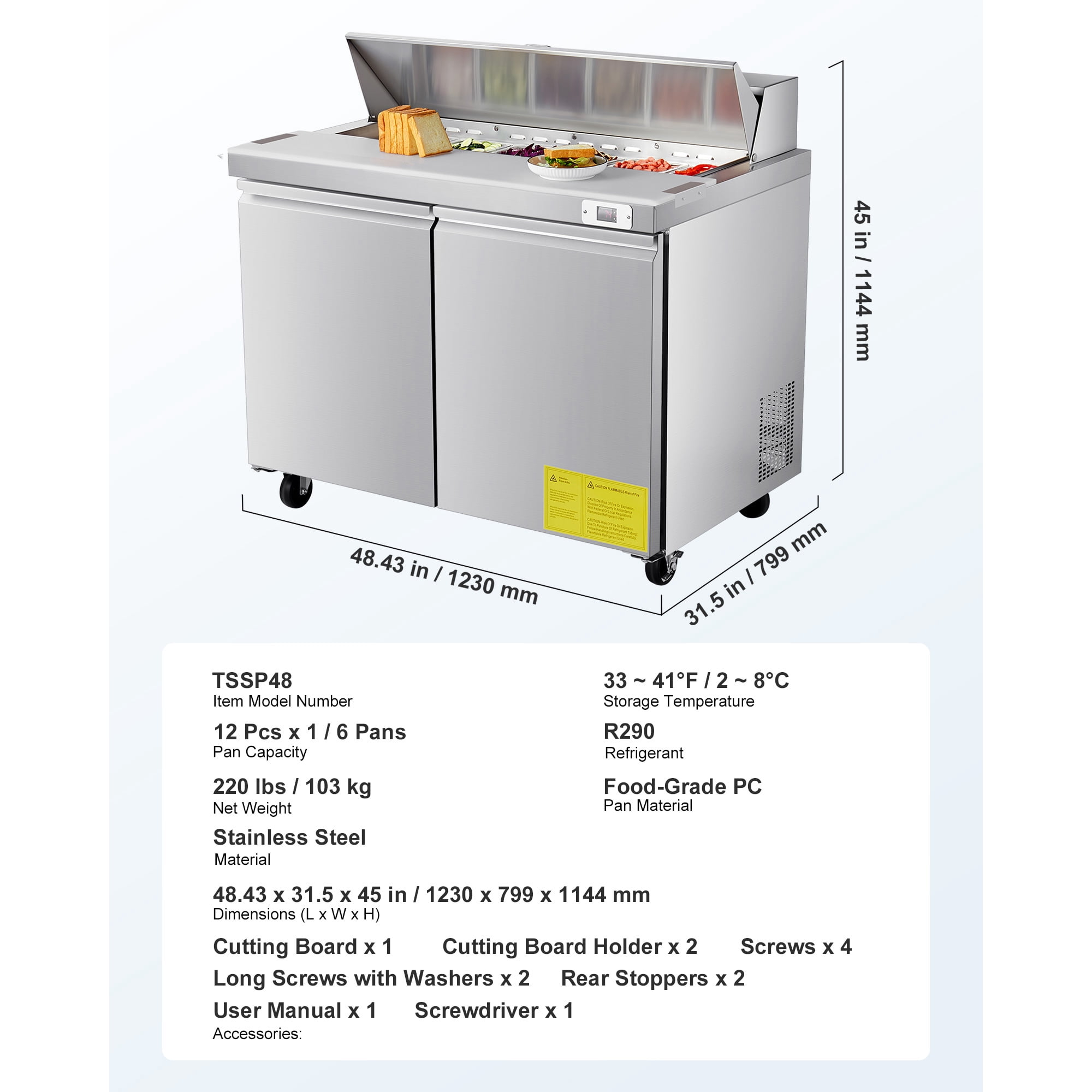 KFFKFF 48'' Wide Commercial Salad Bar Refrigerator, Refrigerated Sandwich Salad Prep Table with 2 Doors, Stainless Steel Prep Fridge for Commercial Kitchen Restaurant 12.5 Cu. Ft