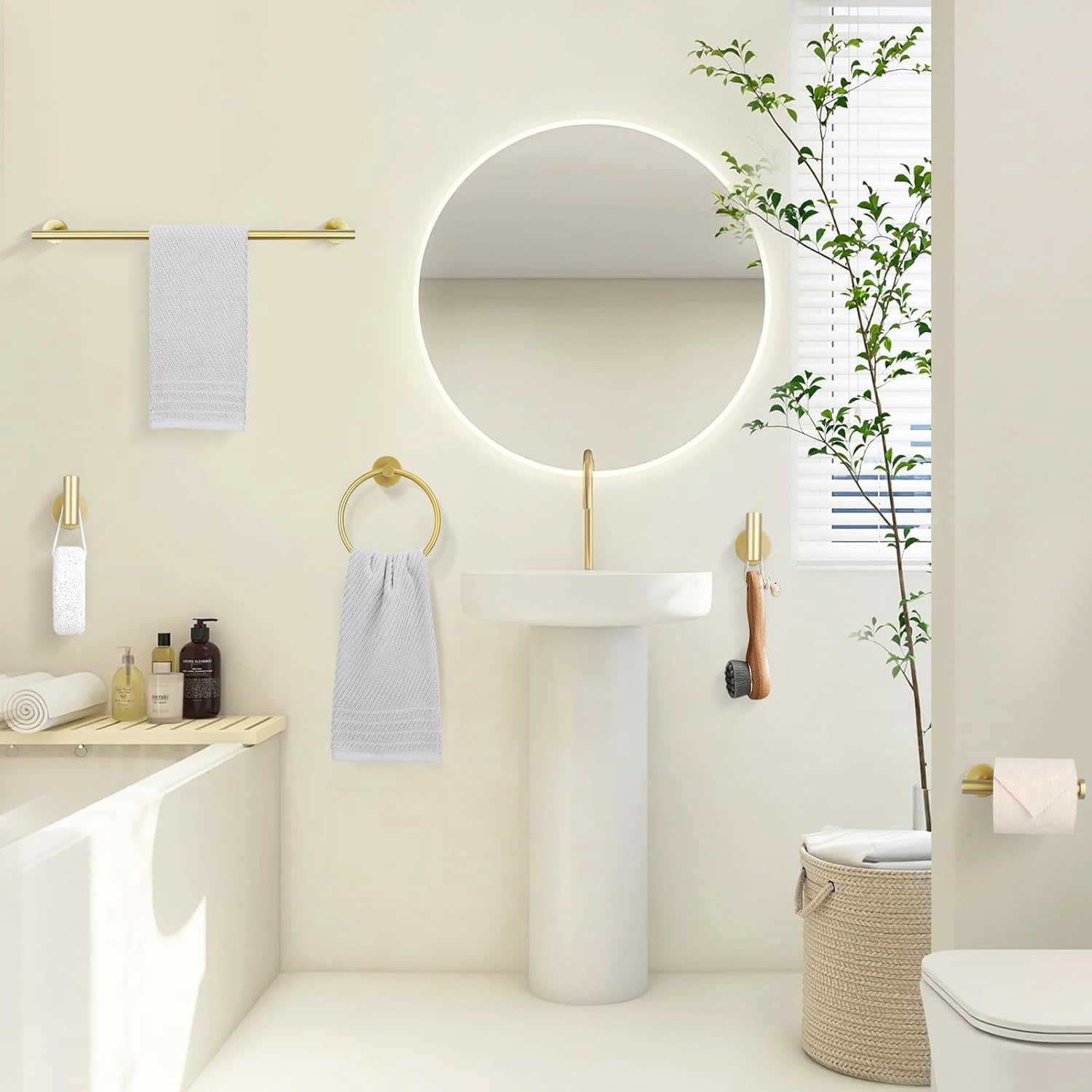Brushed Gold 5 Piece Bathroom Hardware Set, SUS304 Stainless Steel 24 Inch Bath Towel Bar Set, Round Bathroom Accessories Kit Wall Mounted
