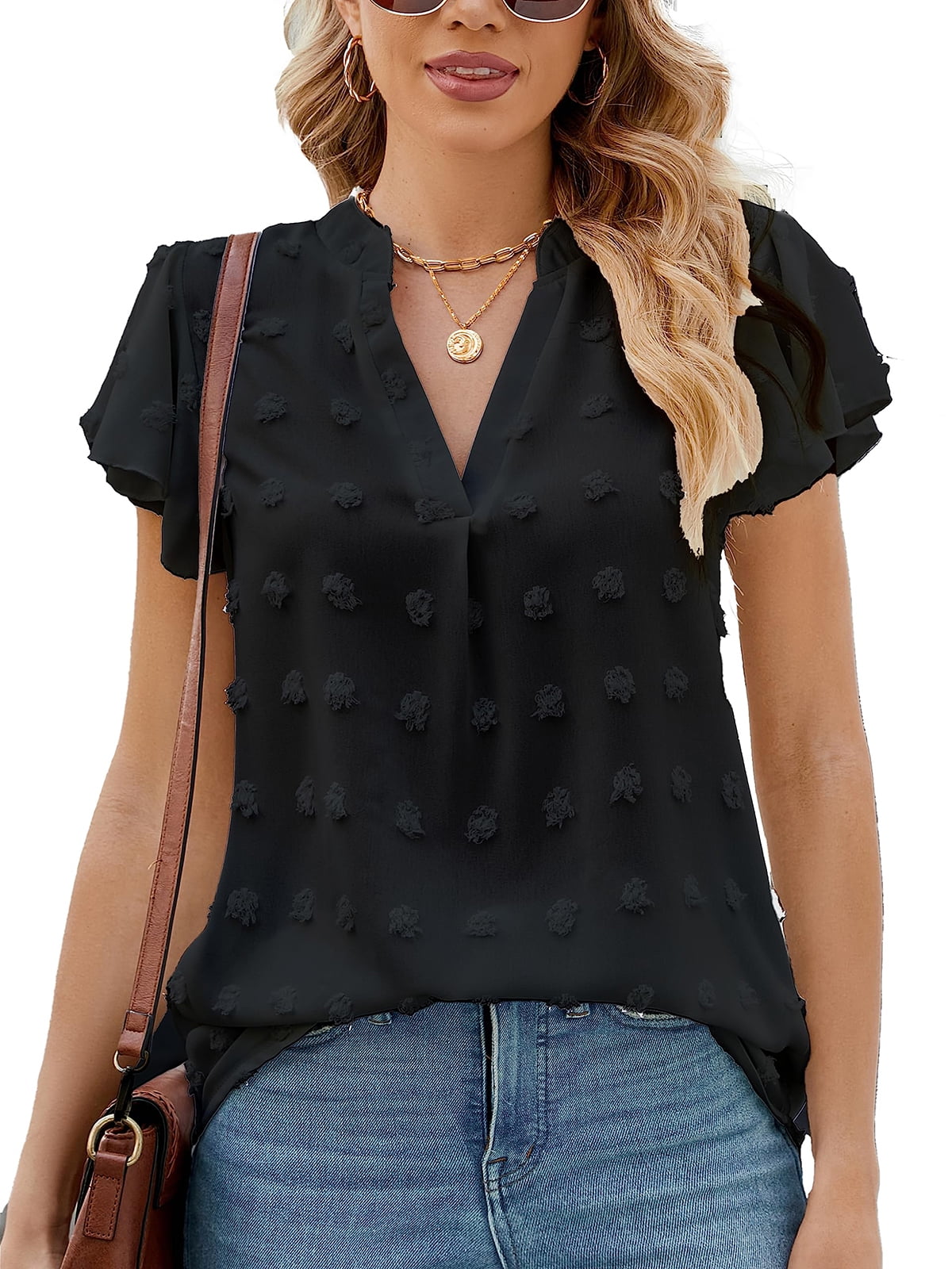 DAKIMOE Womens Tops Summer V Neck Ruffle Shirts Short Sleeve Swiss Dot ...