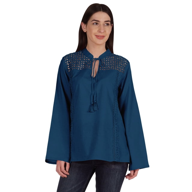 Moomaya Tunique Col Mandarin pour Femmes Manches Longues Été Coton Uni