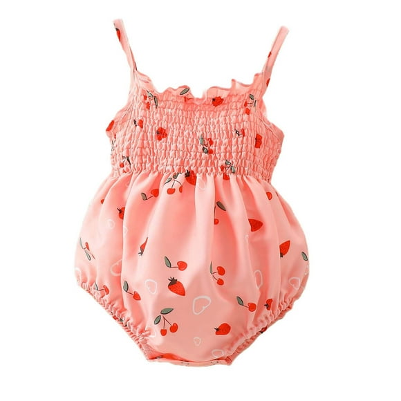 Baby Girl Camisole Bodysuits Smocked Ruffle Strawberry Print One Piece Bamboo Summer Outfit Newborn Clothes (12 Months, Pink)