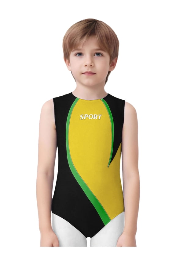 Kids Boys Sleeveless Color Block Letter Print Sports Athletic Biketard Gymnastics Leotard Activewear Yellow 6