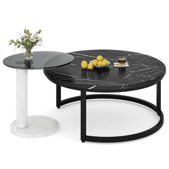 Mieres Modern 2-Piece Coffee Table Set, Black Faux Marble Round Coffee Table & White Fluted C-Shaped End Table with Glass Top, Space-Saving Living Room Furniture for Small Spaces