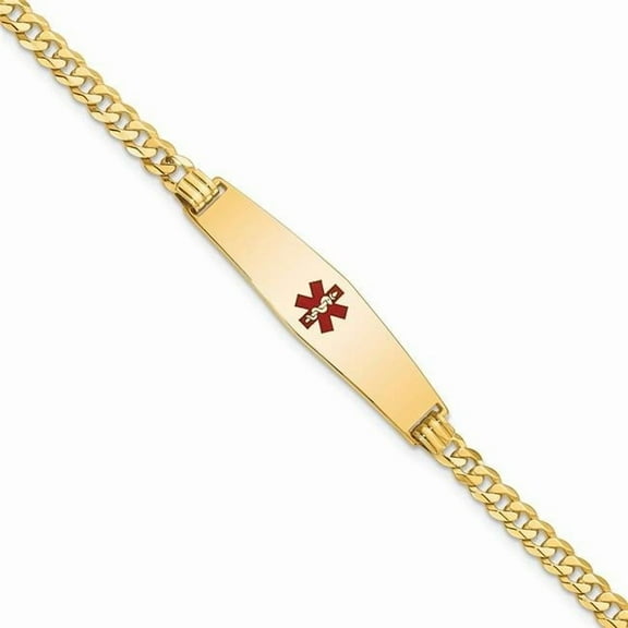 Primal Gold 14 Karat Yellow Gold Medical Soft Diamond Shape Red Enamel Flat Curb Link ID Bracelet