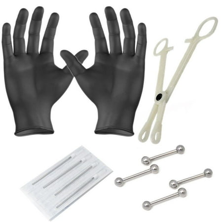 Body Piercing Kit 14g and 16g Barbells, Gloves, Forceps,Needles Nipple 10 Parts
